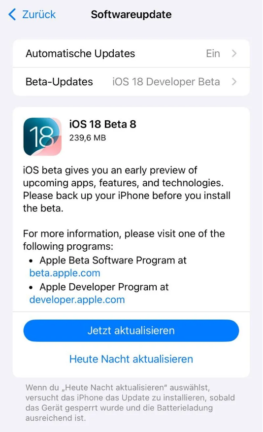 利国镇苹果手机维修分享苹果 iOS / iPadOS 18 开发者预览版 Beta 8 发布 